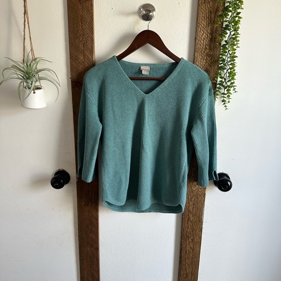 Chico's Sweater Women's Size 1 (Medium) V-Neck Ribbed 3/4 Sleeve V-Neck Teal - Picture 2 of 14